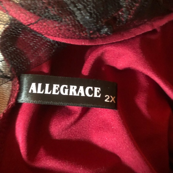 Jumpsuit, burgundy with black lace, open shoulder. Silky feel; generous stretch. - Picture 4 of 6